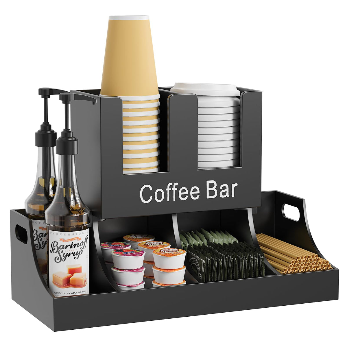 Busidhji Coffee Station Organizer, Wooden Coffee Bar Organizer for Countertop, Condiment and Cup Storage Organizer, Bar Accessor