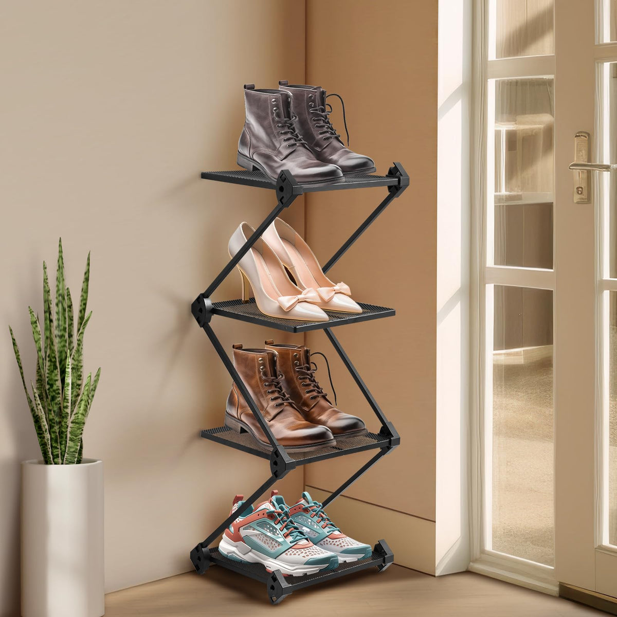 GTIPPOR Vertical Shoe Rack 4 Tier Small Shoe Rack Shelf for Entryway Tall Narrow Shoe Organizer Metal Shoe Storage for Closet,Fr