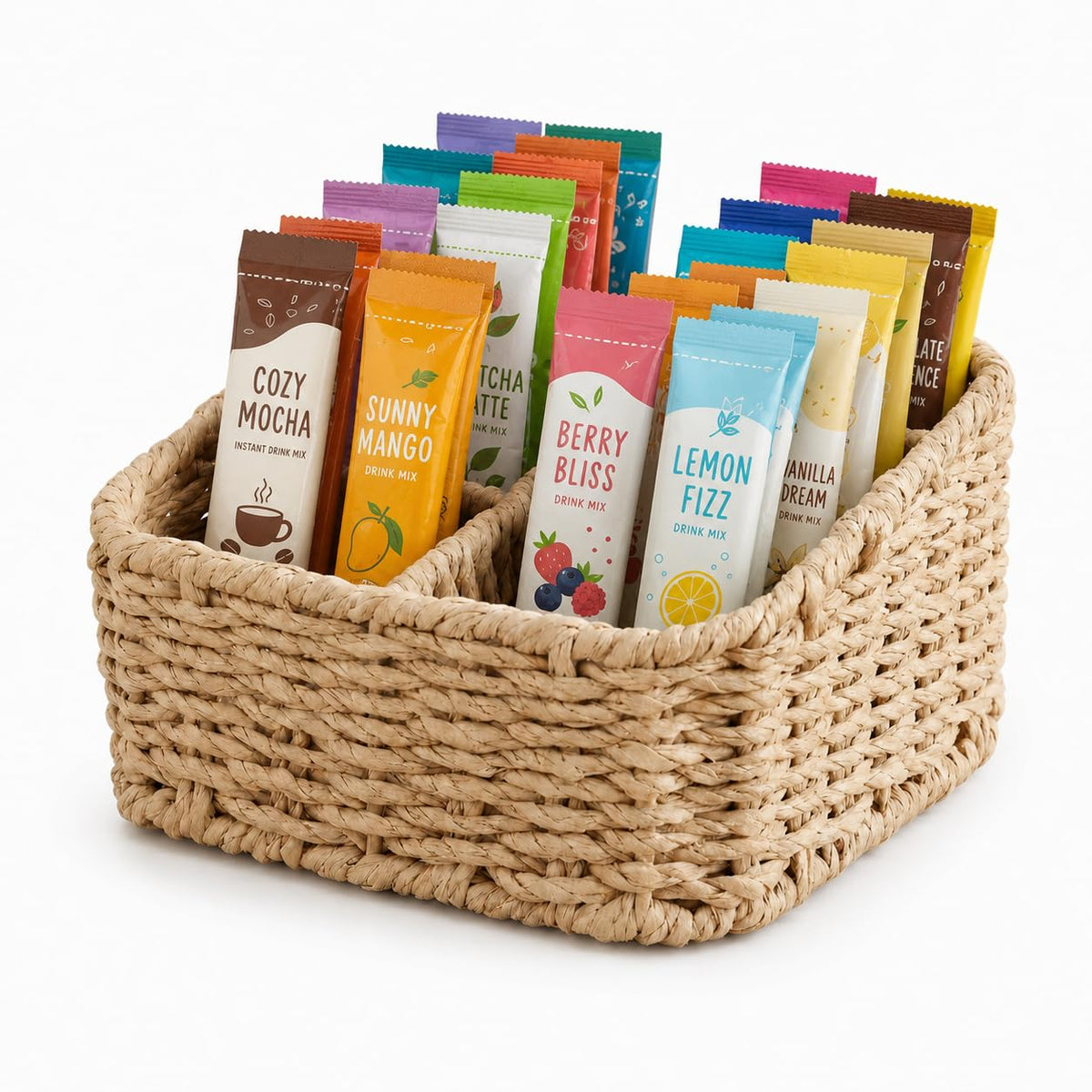 Drink Packet Organizer, Woven 5Compartment Basket for Pantry, Tea Bag Organizer, Sugar Packet Holder, Coffee Bar Organizer, Con