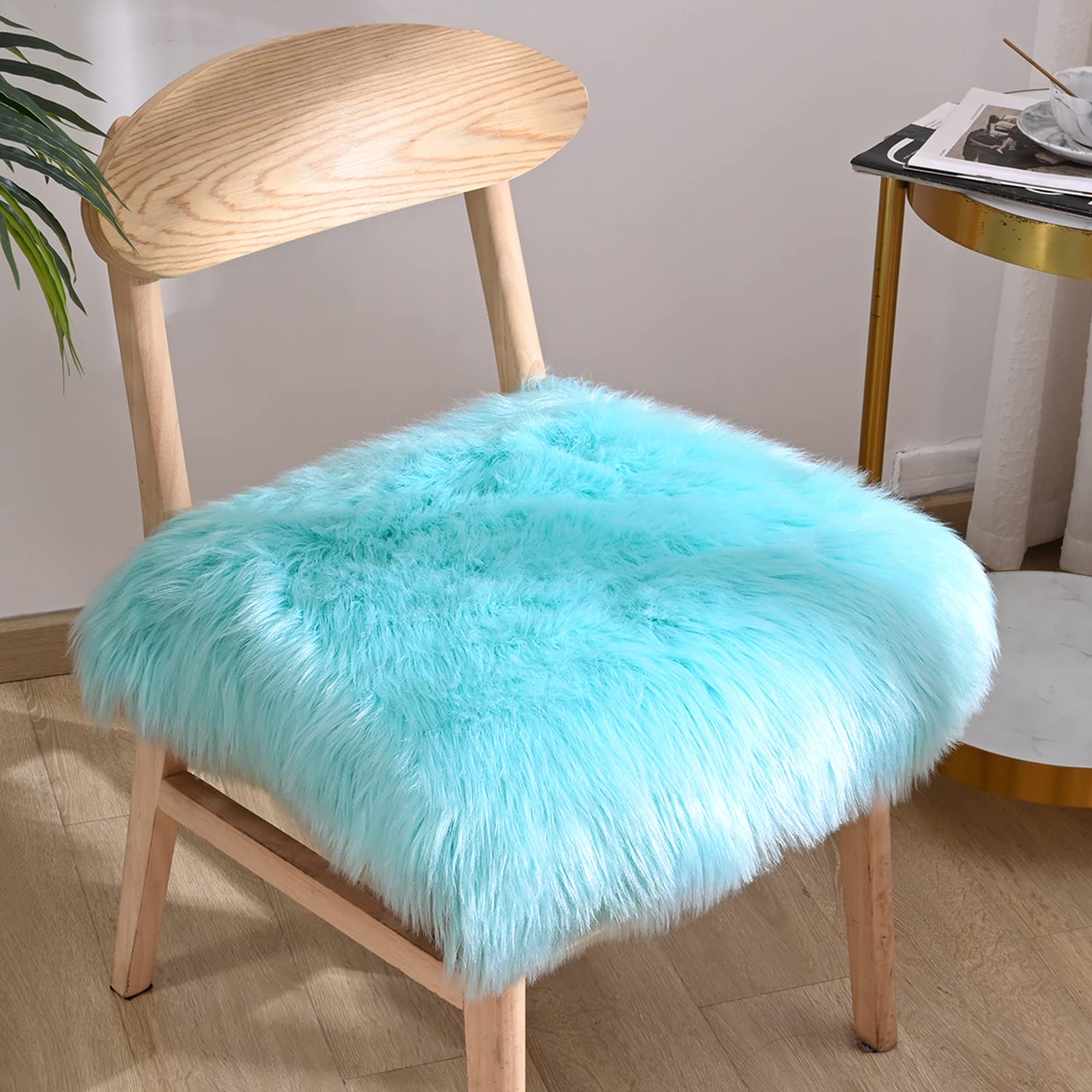 Softlife Blue Faux Fur Sheepskin Chair Cover Seat Cushion Pad Super Soft Area Rugs for Living Bedroom Sofa (1.6ft x 1.6ft, Light