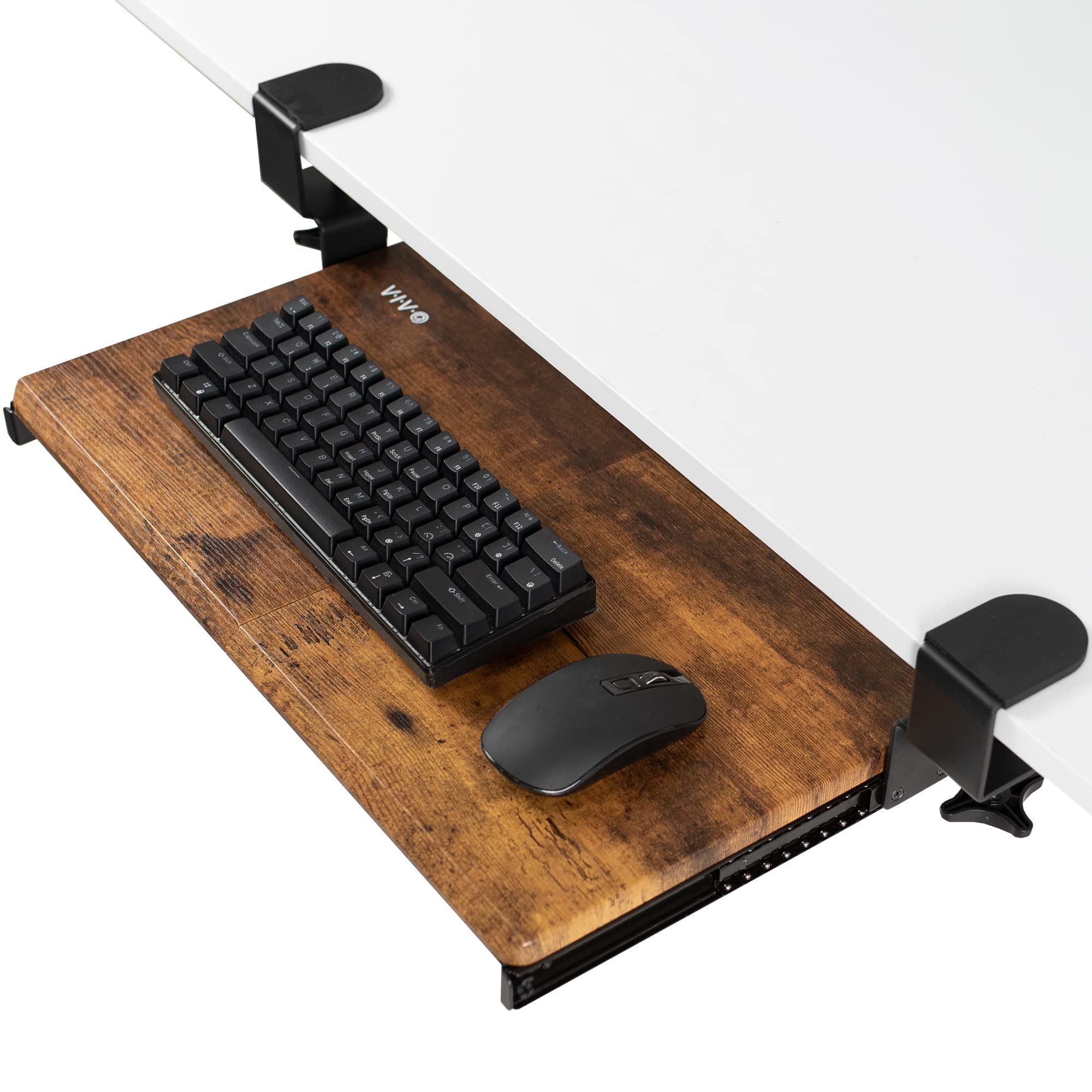 Vivo Small Clamp-On Computer Keyboard And Mouse Under Desk Slider Tray, 20 X 11 Inch Pull Out Platform Drawer, Rustic Vintage Br