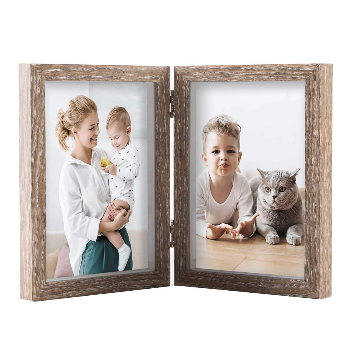 AEVETE 5x7 Double Picture Frames Hinged Wood Folding Picture Frames Vertically Display, Real Glass Front