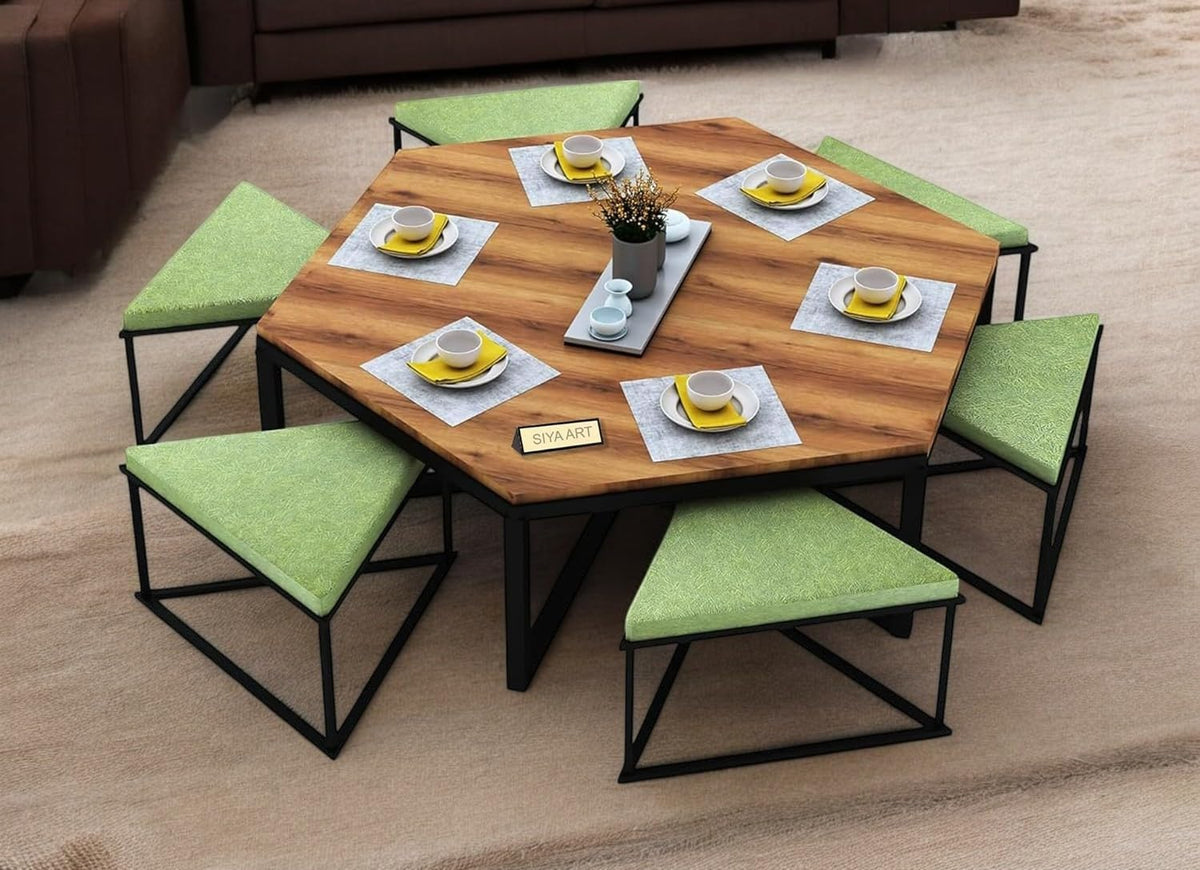 Siya Art Hexagon Wooden Top Iron Frame Coffee Table With 6 Cushioned Stools For Living Room Centre Table For Dining Room Home (T