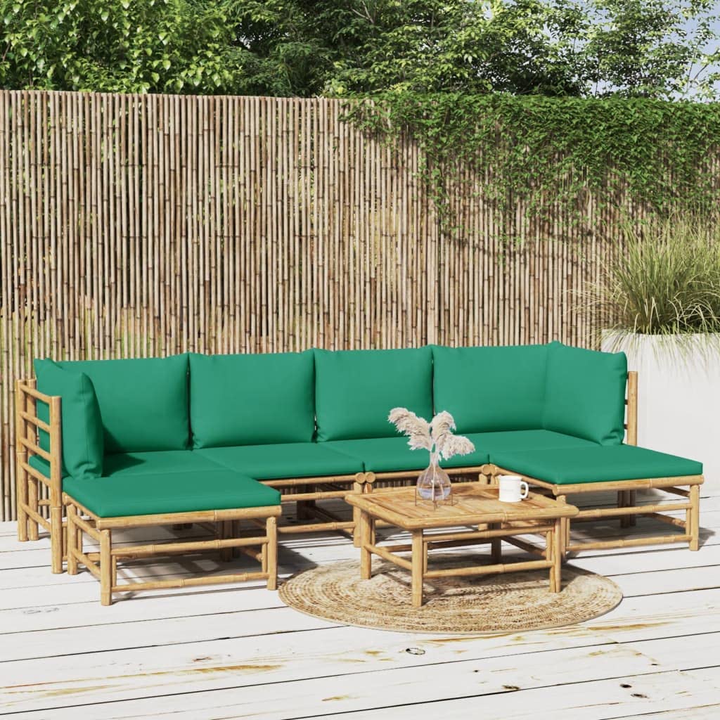 vidaXL 7-Piece Patio Lounge Set, Outdoor Furniture with Green Cushions, Durable Bamboo Material, Comfortable Seating with Practical Table, Modular Design, Easy Assembly
