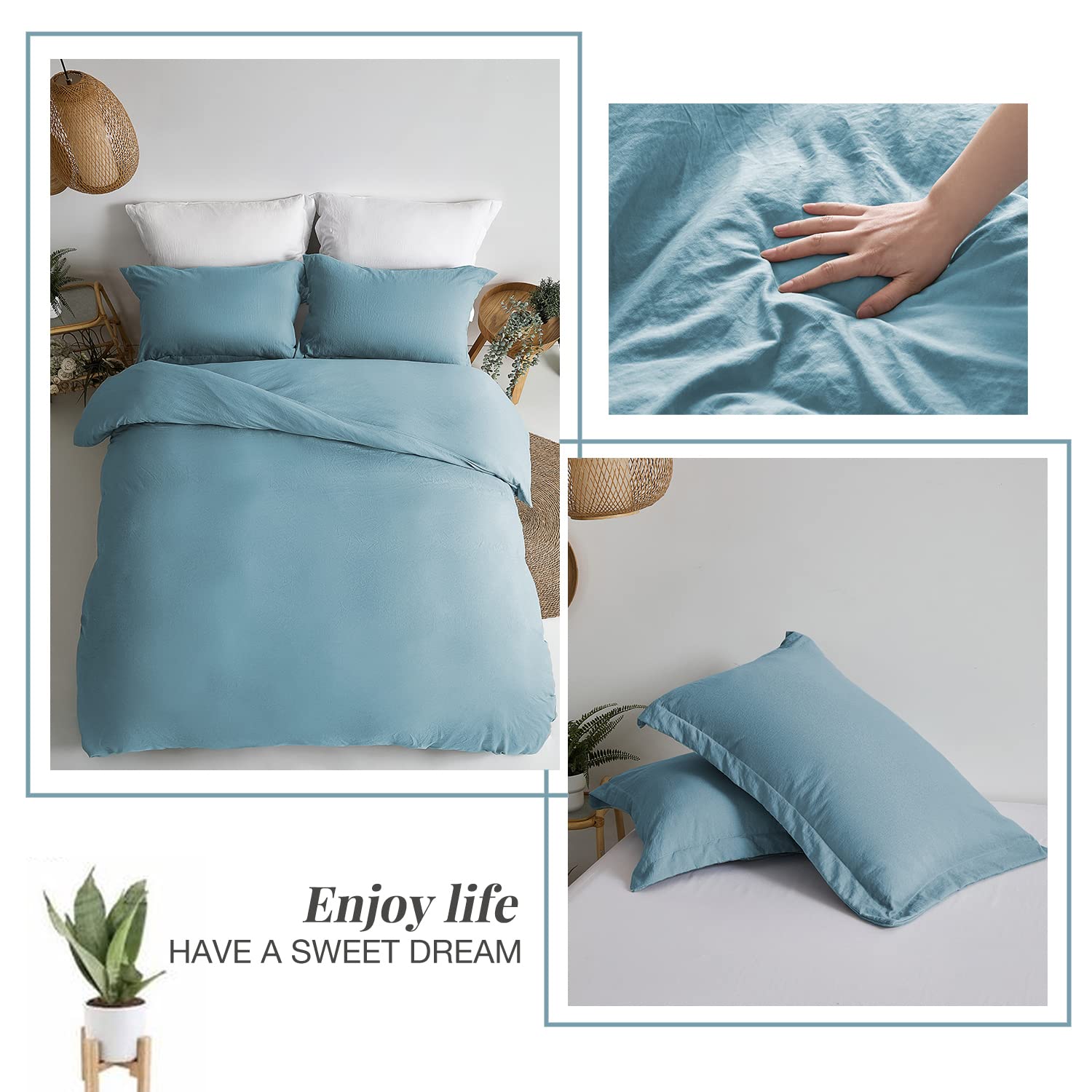 Mildly Super Soft Duvet Cover - 100% Washed Microfiber Grayish Blue Comforter Cover Set 3 Pieces With Zipper Closure & Corner Ti