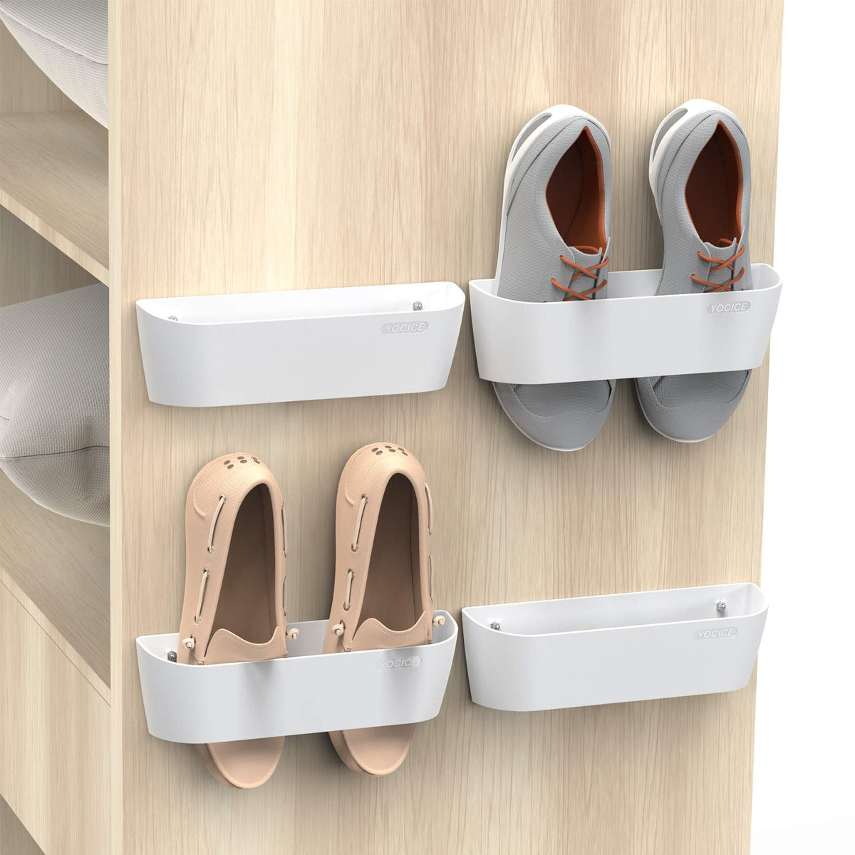 Yocice Wall Mounted Shoes Rack 4Pack With Sticky Hanging Strips, Plastic Shoes Holder Storage Organizer,Door Shoe Hangers (Sm03