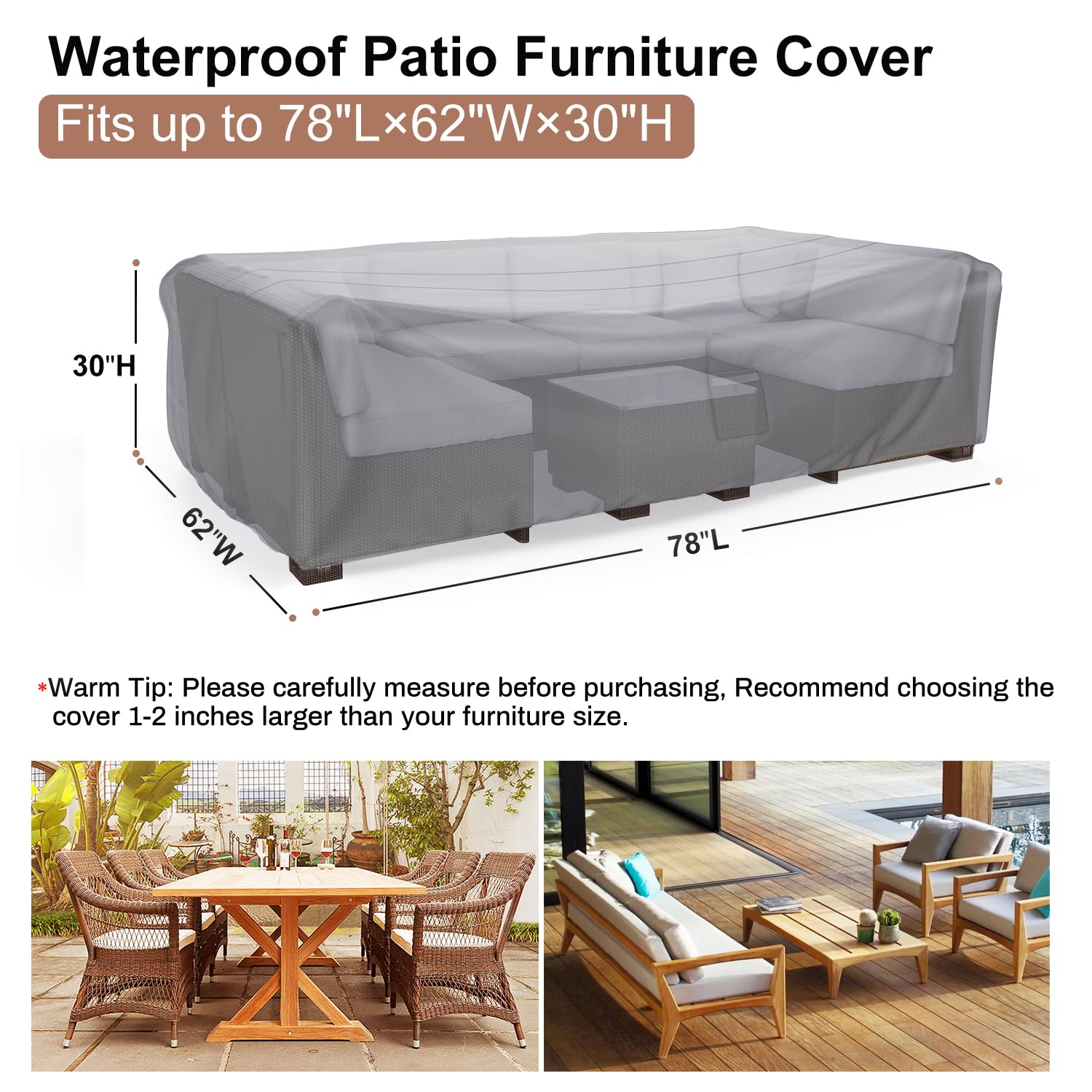 Mrrihand Heavy Duty Patio Furniture Covers, Outdoor Furniture Covers Waterproof Sectional Sofa Set , Patio Table And Chair Set Cover 78'L×62'W×30'H,Grey