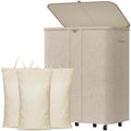 Lifewit 185L Large Laundry Basket with Wheels and Lid, 3 Sections, Beige
