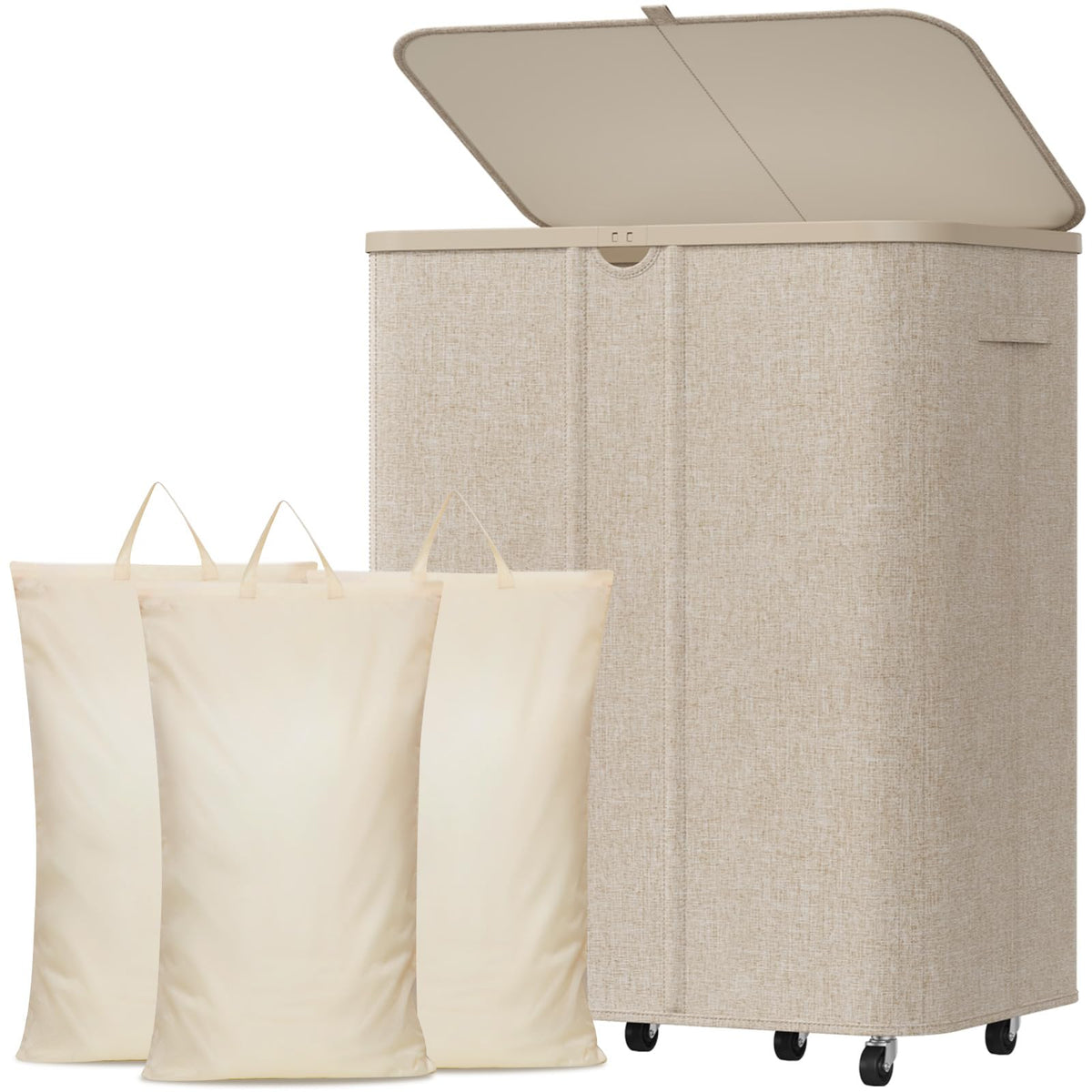 Lifewit 185L Large Laundry Basket with Wheels and Lid, 3 Sections, Beige