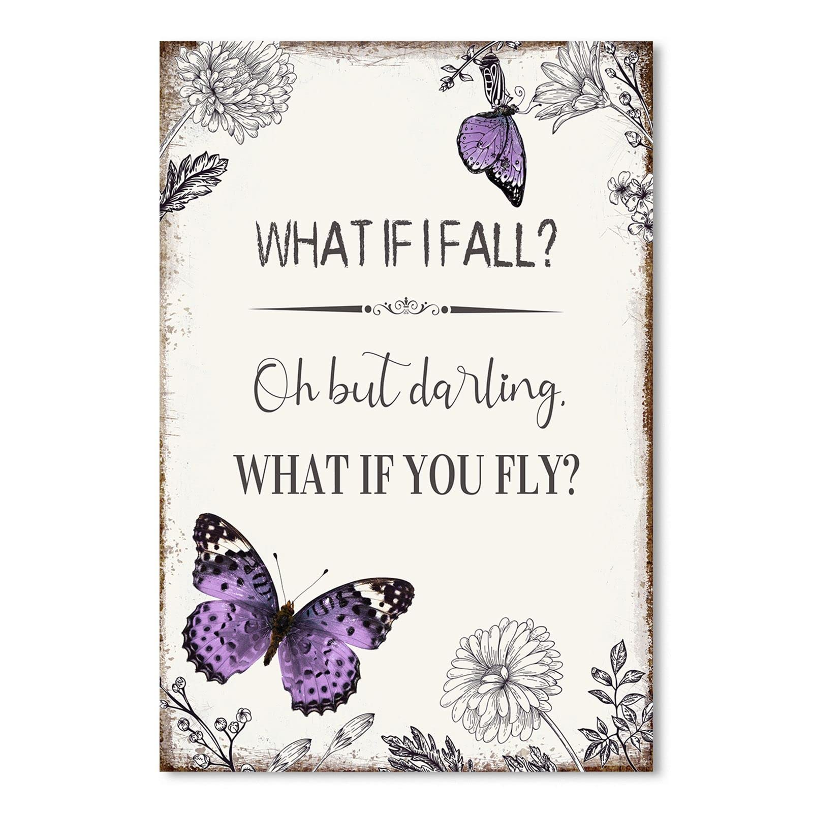 YPY Inspirational Quote Canvas Wall Art : Purple Butterfly Picture Motivational Framed Poster, What if I Fall Positive Sign for 