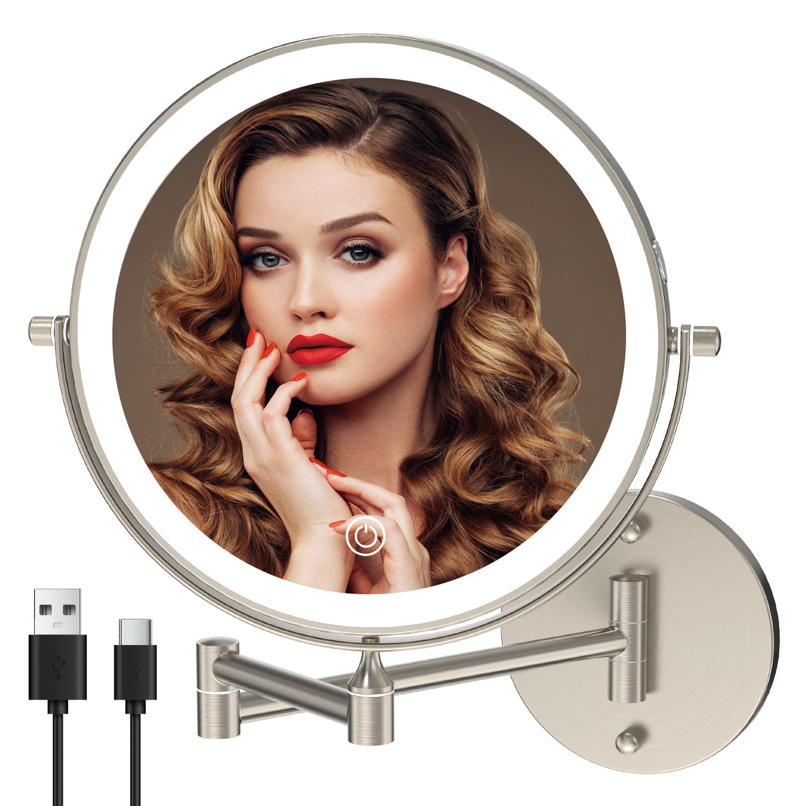MIROAMZ Rechargeable Wall Mounted Lighted Makeup Vanity Mirror 8 Inch Double Sided 1X 10X Magnifying Bathroom Mirror, 3 Color Li