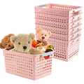 ZOENHOU 7 Pack 10.7 x 7.5 x 5.6 Inch Pink Plastic Storage Baskets, Stackable and Strong Decorative Woven Plastic Baskets with Ha