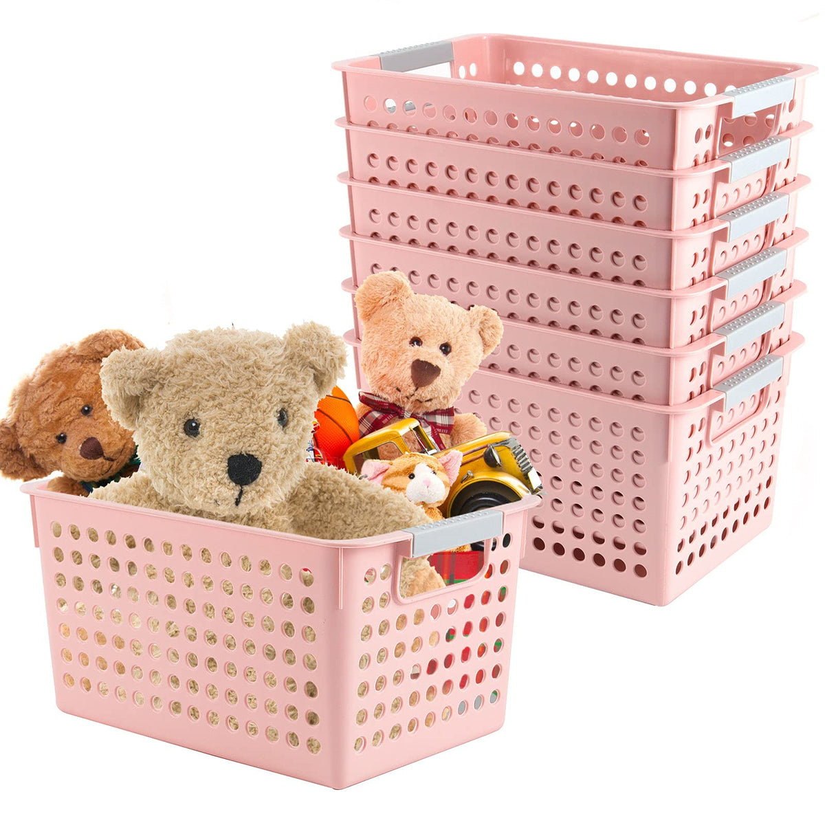 ZOENHOU 7 Pack 10.7 x 7.5 x 5.6 Inch Pink Plastic Storage Baskets, Stackable and Strong Decorative Woven Plastic Baskets with Ha
