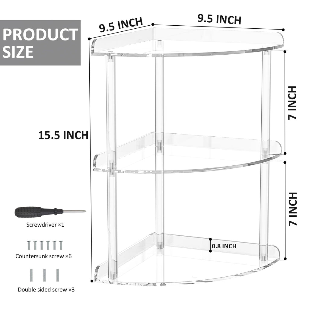 Sezanrpt 3 Tier Acrylic Corner Shelf Organizer Storage 9.5X9.5X15.7 Inch, Transparent Countertop Corner Shelf For Bathroom, Kitchen, Bedroom, Office, Study Room