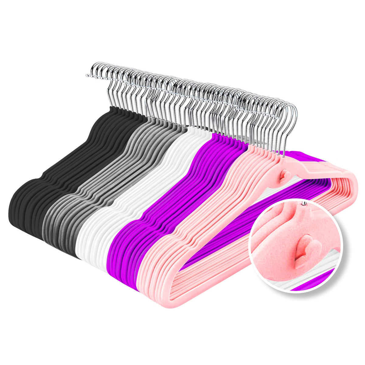HozyFrozy Multi-Color Premium Velvet Hangers with Mini Hooks, Pack of 50, Non-Slip Space Saving Cascading Clothes and Suit Hange