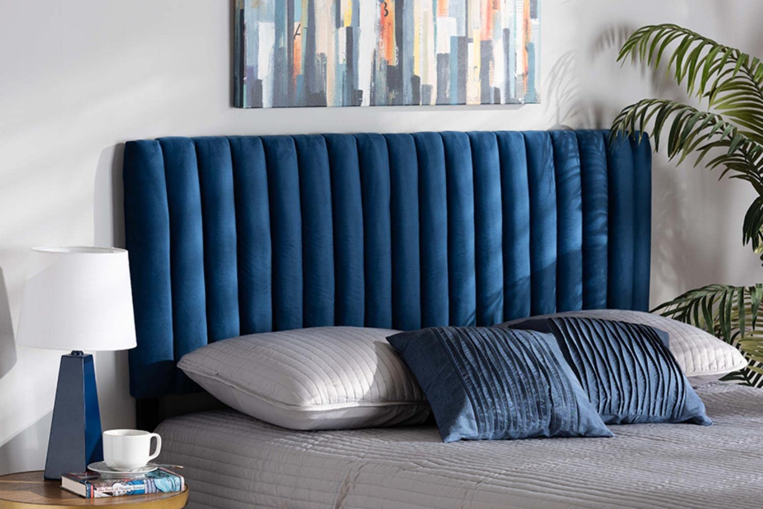 Baxton Studio Emile Modern and Contemporary Navy Blue Velvet Fabric Upholstered and Dark Brown Finished Wood Full Size Headboard
