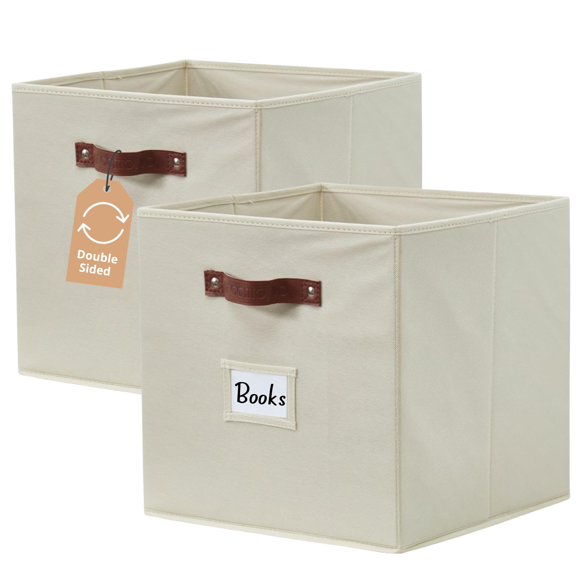 DECOMOMO Storage Bins, Cube Storage Bin with Labels, Fabric Storage Cubes for Shelves (10.5  x 11  / 2pcs, Beige)