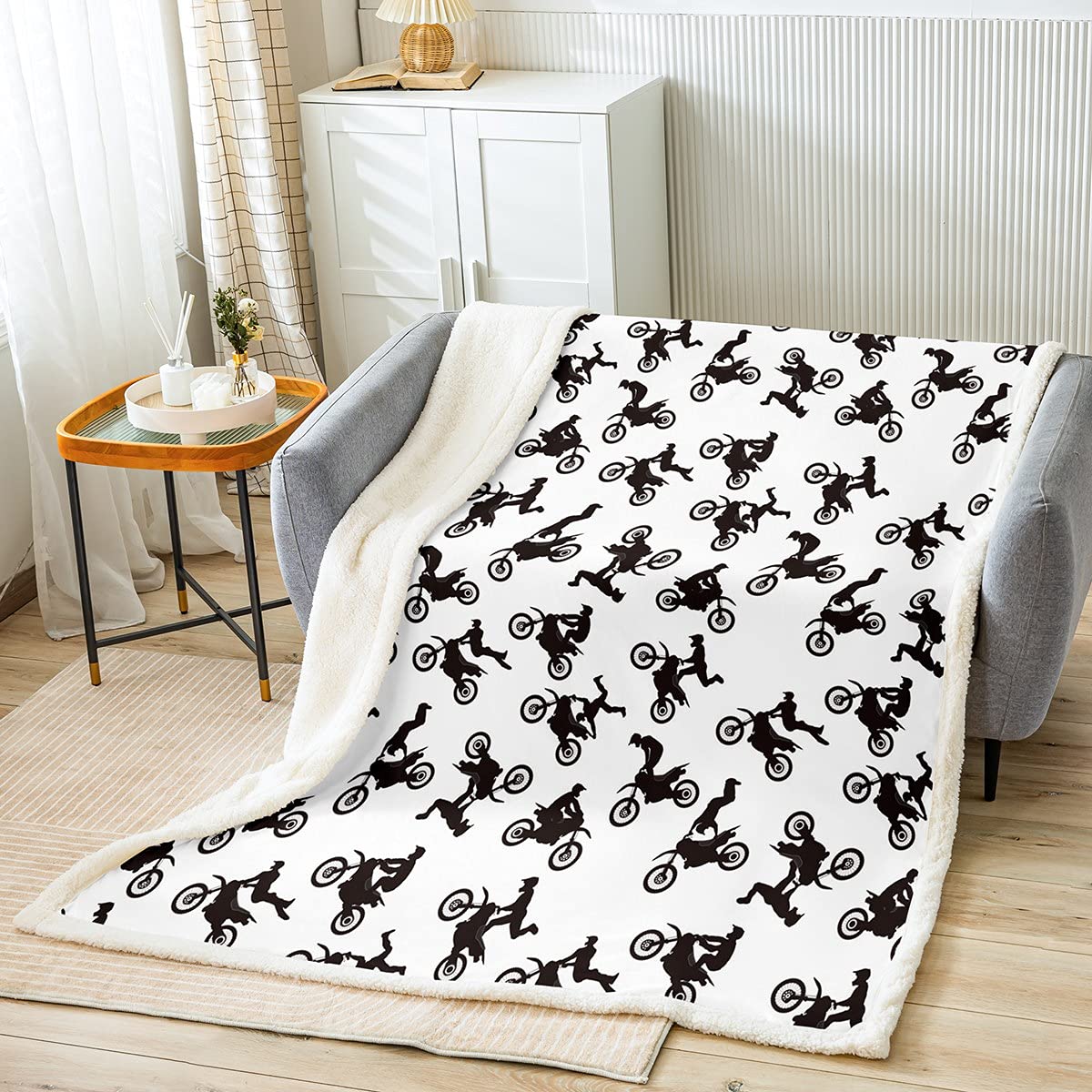 Motocross Rider Fleece Throw Blanket for Bed Sofa Couch Kids Extreme Sports Motorcycle Fuzzy Blanket Dirt Bike Motorbike Sherpa 