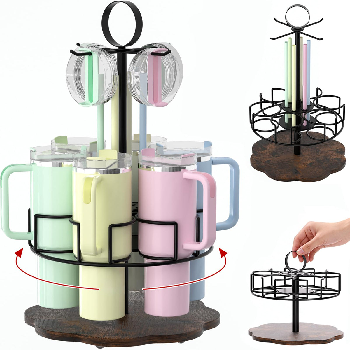 DTUQYX Water Bottle Organizer for Stanley 40 oz, Rotating Tumbler Organizer, Stanley Cup Accessories with Straw and Lid Holder, 