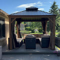 Domi Outdoor Living 10’X12’ Hardtop Gazebo, Wooden Coated Aluminum Frame Canopy With Galvanized Steel Double Roof, Outdoor Permanent Metal Pavilion With Curtains And Netting For Patio, Deck And Lawn