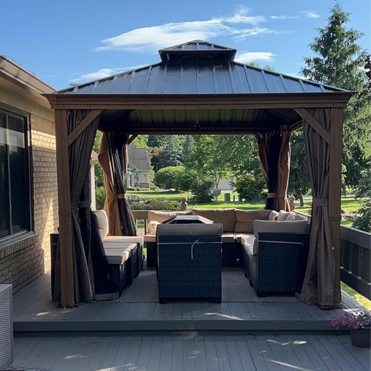Domi Outdoor Living 10’X12’ Hardtop Gazebo, Wooden Coated Aluminum Frame Canopy With Galvanized Steel Double Roof, Outdoor Permanent Metal Pavilion With Curtains And Netting For Patio, Deck And Lawn