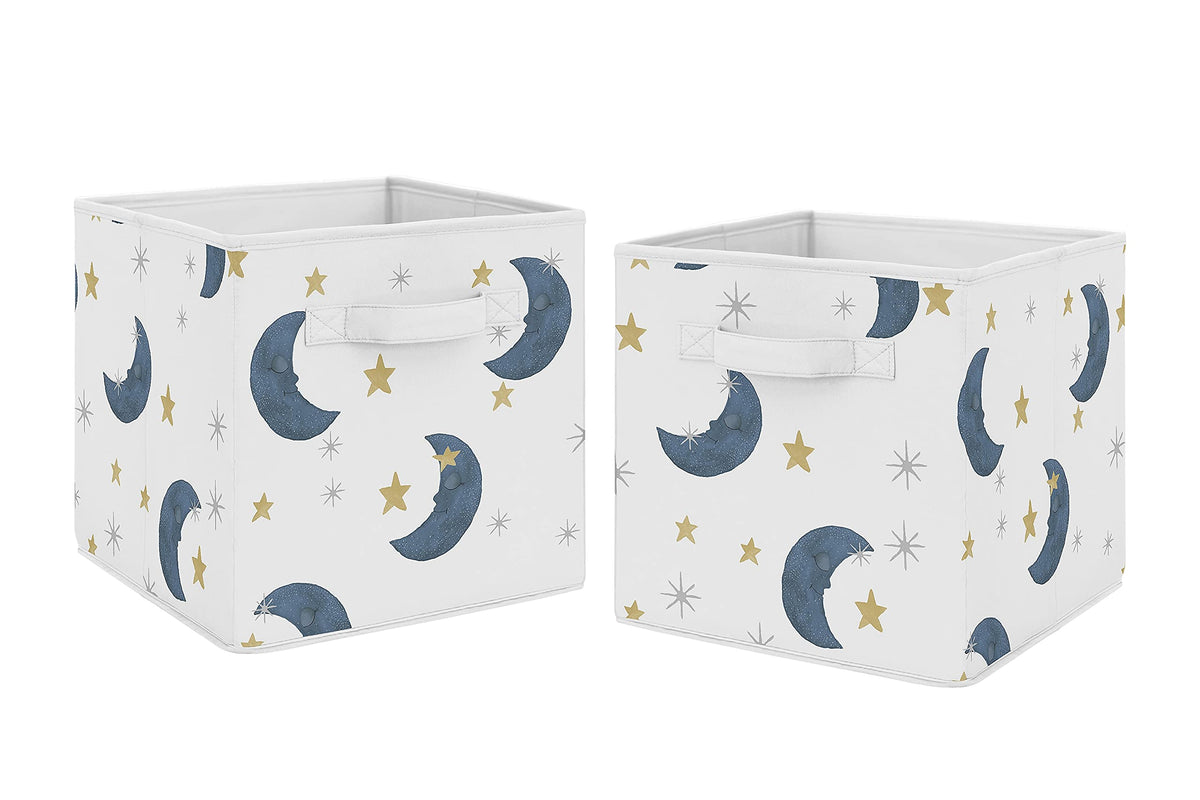 Sweet Jojo Designs Moon And Star Foldable Fabric Storage Cube Bins Boxes Organizer Toys Kids Baby Children'S - Set Of 2 - Navy Blue And Gold Watercolor Celestial Sky Gender Neutral Outer Space Galaxy
