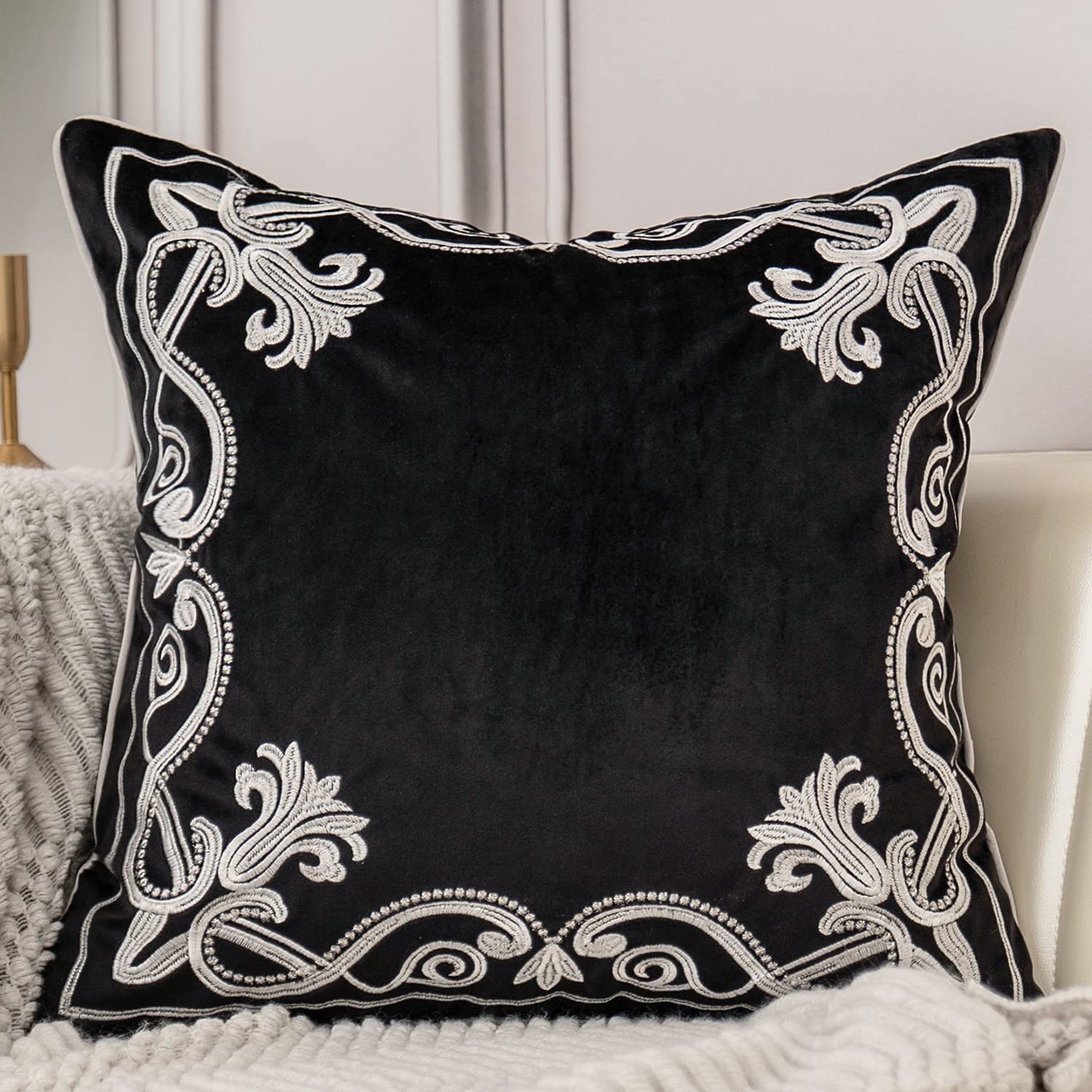 Aeckself European Floral Pillow Cover 16X16 Inch, Luxury Velvet Embroidered Decorative Throw Pillow Cover For Couch Bedroom Livi