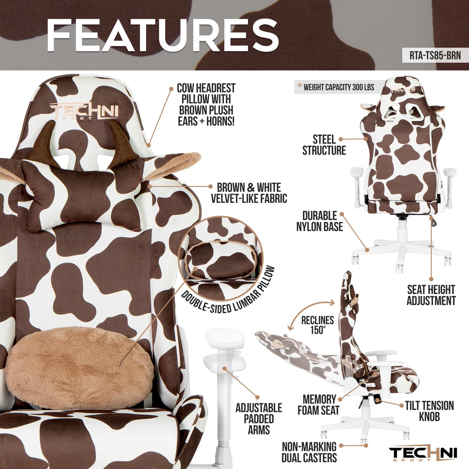Techni Sport TS85 Brown Cow Series Gaming Chair