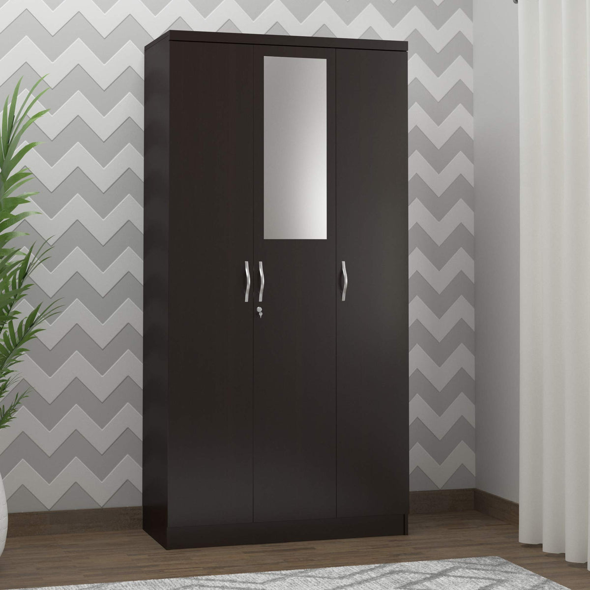 Deckup Cove 3 Door Engineered Wood Wardrobe With Mirror (Dark Wenge, Matte Finish)