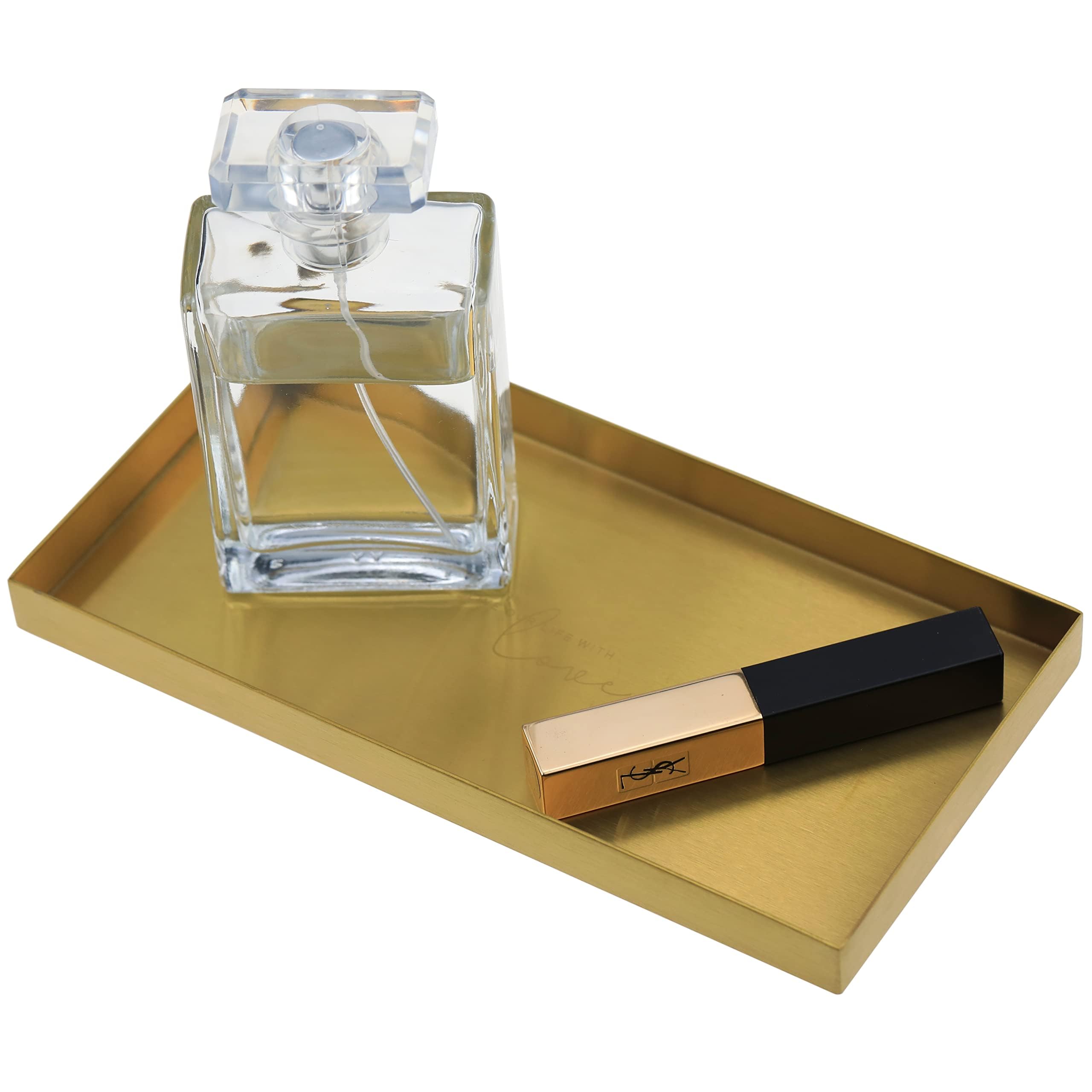 Freelove Sanding Gold Metal Vanity Tray Lettering, Perfume Organizer Jewelry Holder Makeup Dish Catchall Candle Plate Decorative