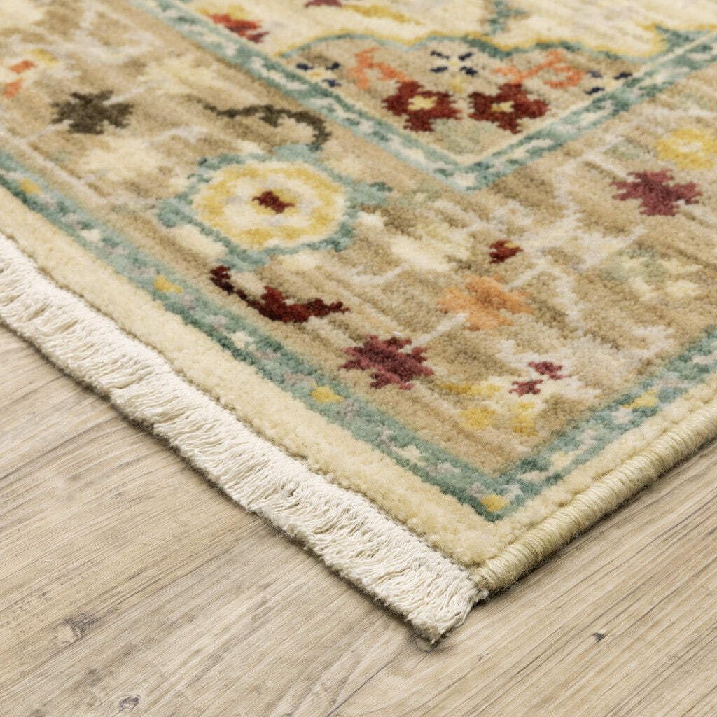 HomeRoots 509197 6 x 9 ft. Beige Pale Blue Rust Gold Tan Brown & Orange Oriental Power Loom Stain Resistant Rectangle Area Rug with Fringe