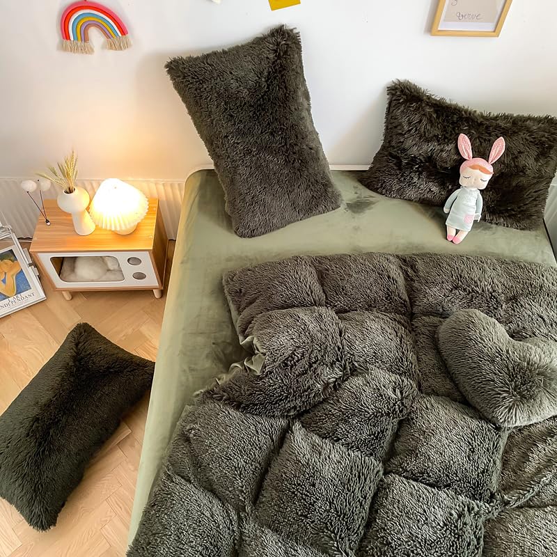 Chovy Faux Fur Plush Blackish Gree Comforter Sets Queen - Ultra Soft Shaggy Flannel Velvet Fluffy Fuzzy 3Pc Bedding Set (Comfort