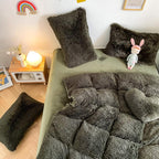 Chovy Faux Fur Plush Blackish Gree Comforter Sets Queen - Ultra Soft Shaggy Flannel Velvet Fluffy Fuzzy 3Pc Bedding Set (Comfort