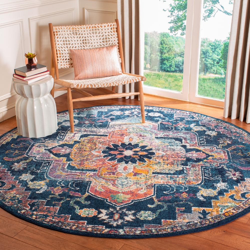 SAFAVIEH Crystal Collection Area Rug - 7 Round, Navy & Fuchsia, Medallion Distressed Design, Non-Shedding & Easy Care, Ideal fo