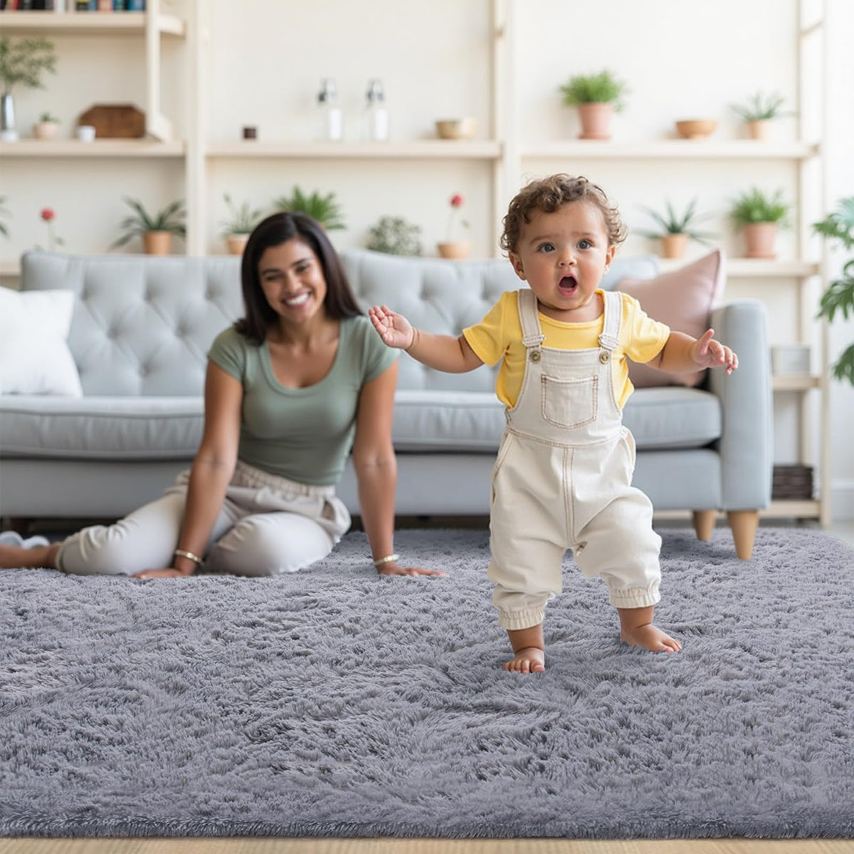 Grey Rug for Living Room Fluffy 4x6 ft Bedroom Rug Non-Slip Area Rugs Shag Carpet for Nursery Kids Play Room Dorm Office Indoor 