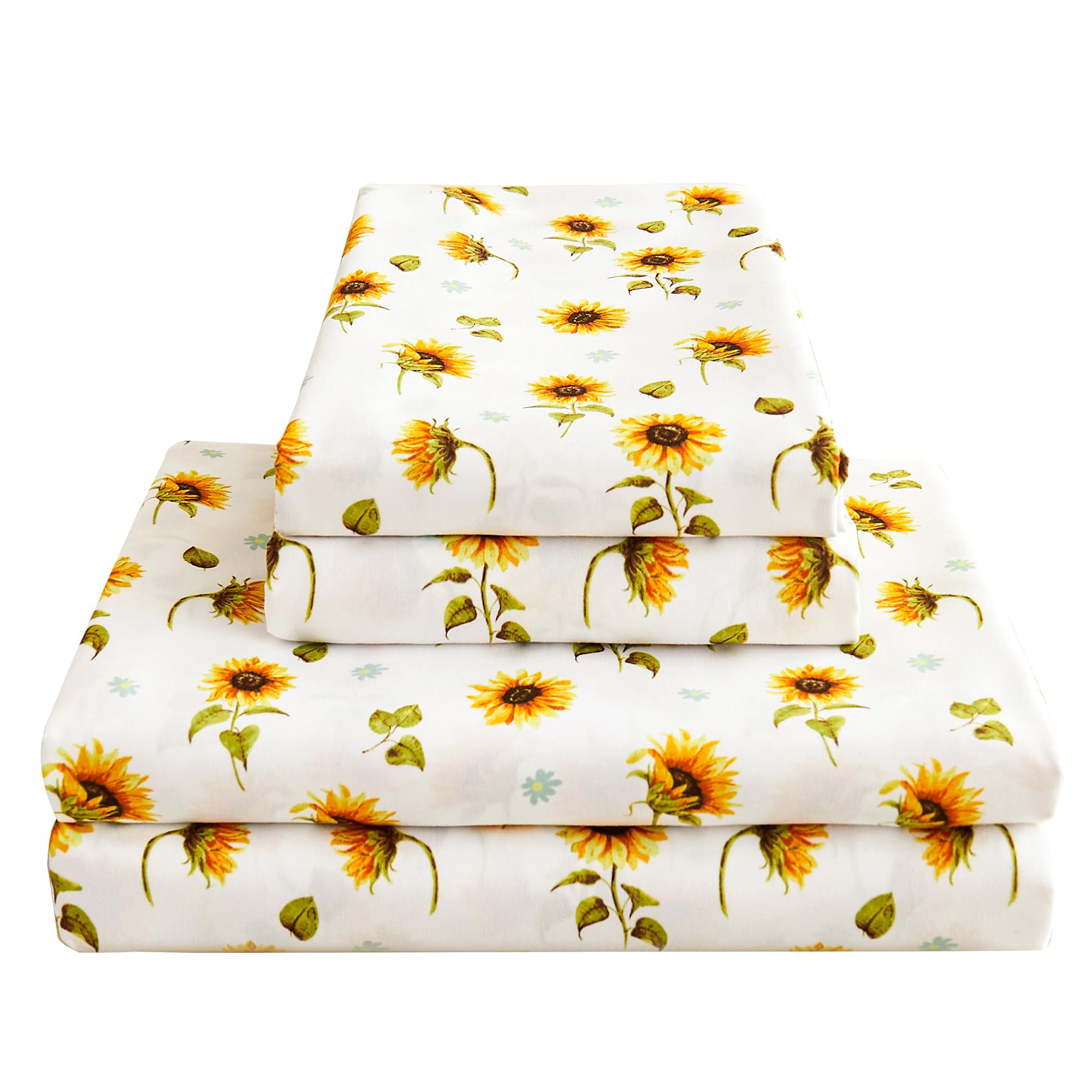 Floral Sheet Set Full, Sunflower Printed Bed Sheets Double, Brushed Microfiber Fitted Sheet With 15'' Deep Pocket,Yellow Flower