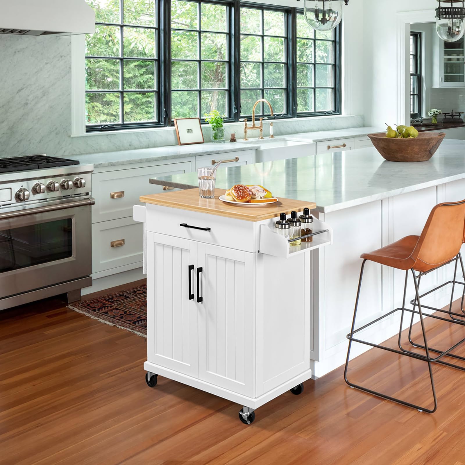 Yaheetech Kitchen Cart With Drawer, Kitchen Island On Wheels With Storage Rack & Cabinets, Microwave Cart For Kitchen With Storage, Rolling Coffee Cart Station, White