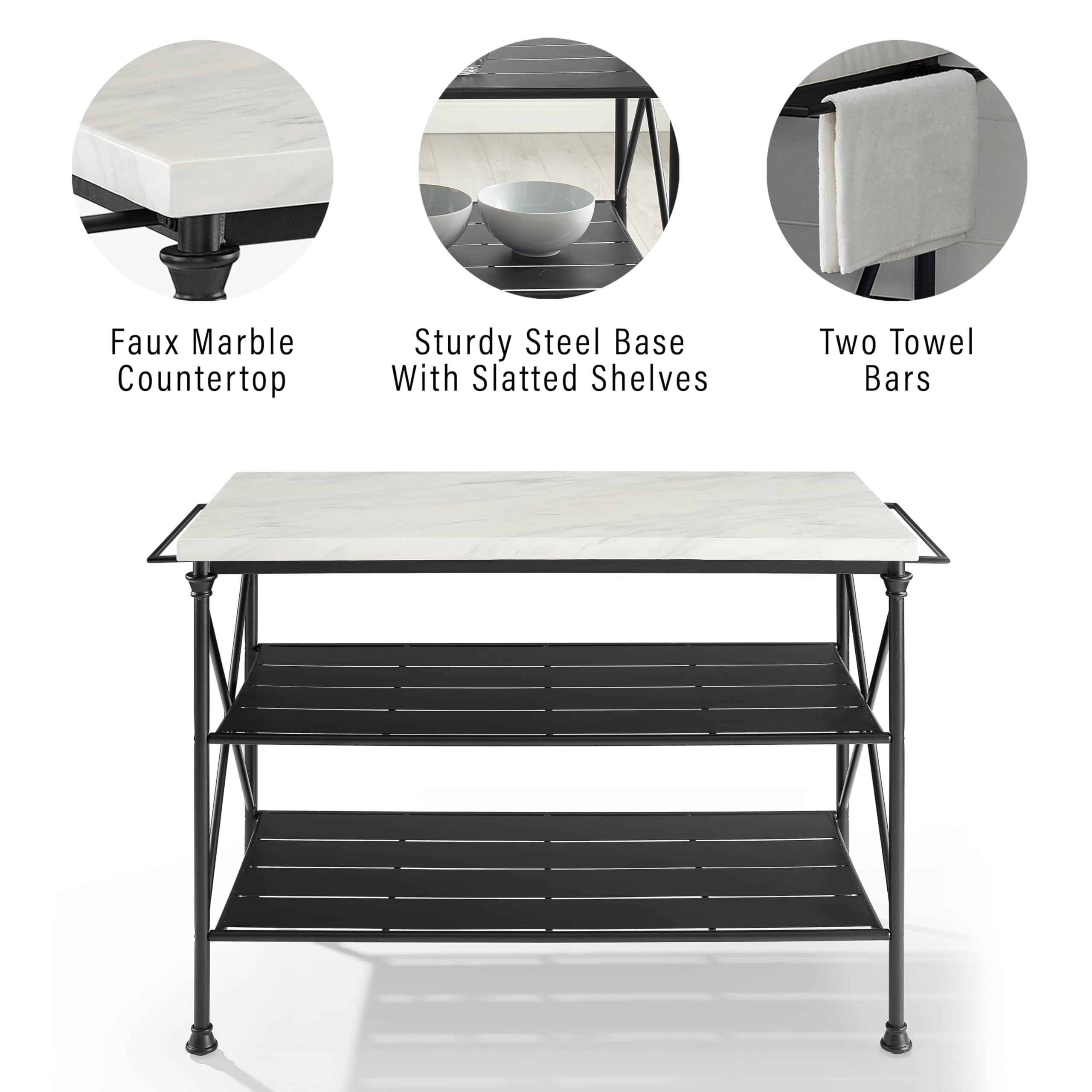 Crosley Furniture Madeleine Kitchen Island With Shelves For Storage, Microwave Stand, Coffee Bar, Steel With Faux Marble Top