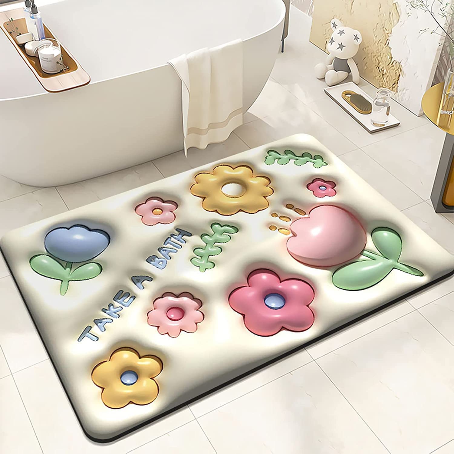 MIRARIYA 3D Bath Mat Super Absorbent Quick Drying 3D Visual Aviation Floor Mats Soft NonSlip Diatom Mud Bathtub Mats for Kitche