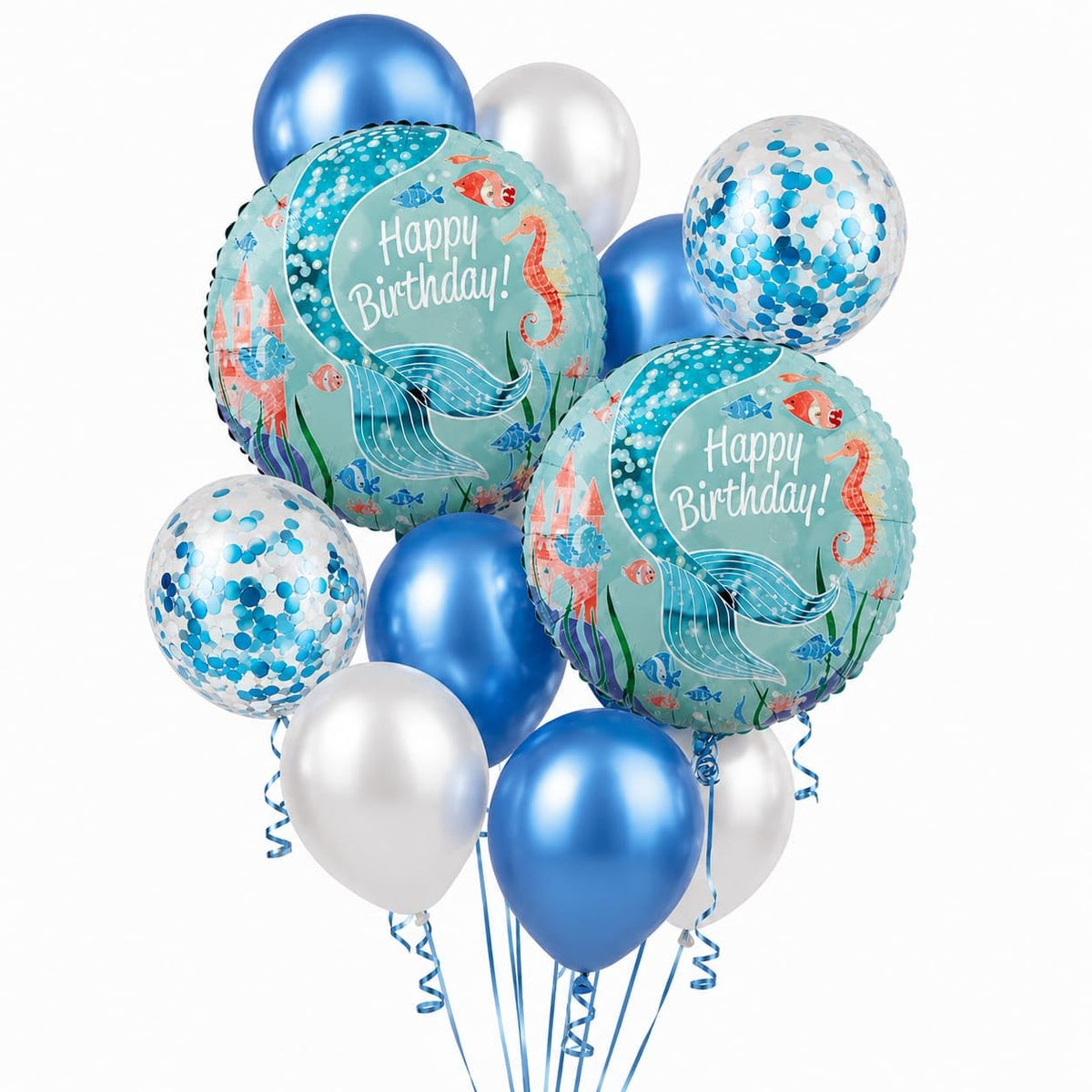 Confetti Lane Blue White Birthday Balloon Bunch Decoration with Happy Birthday Foil Balloons and Metallic Balloons