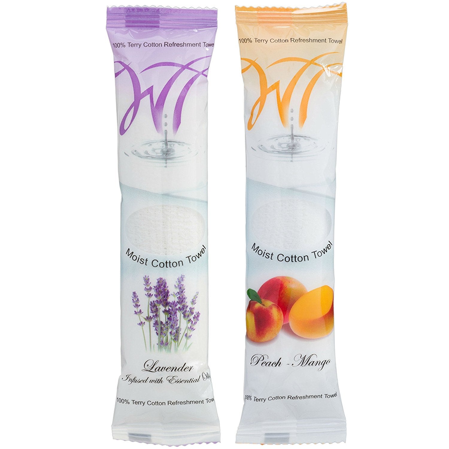 White Towel Services 8'' x 8'' inch Moist Cotton Towel Individually Wrapped - Lavender and Peach-Mango (Case of 100) *