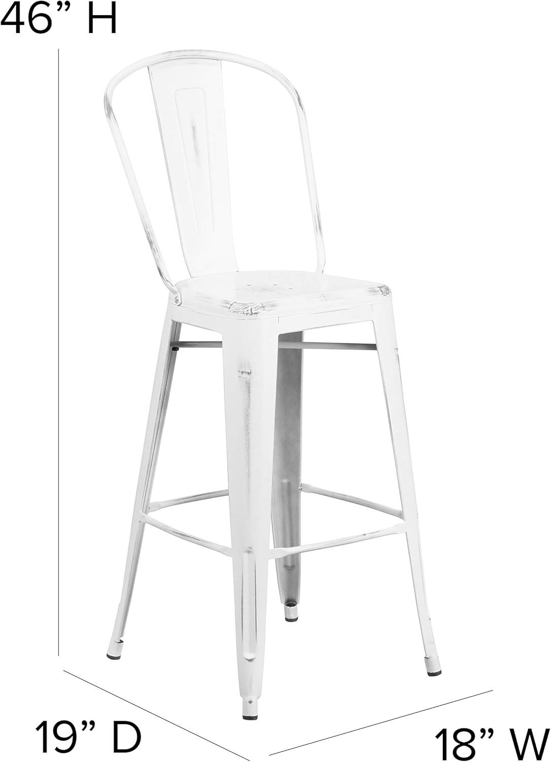 Commercial Grade 30 High Distressed White Metal Indoor-Outdoor Barstool with Back