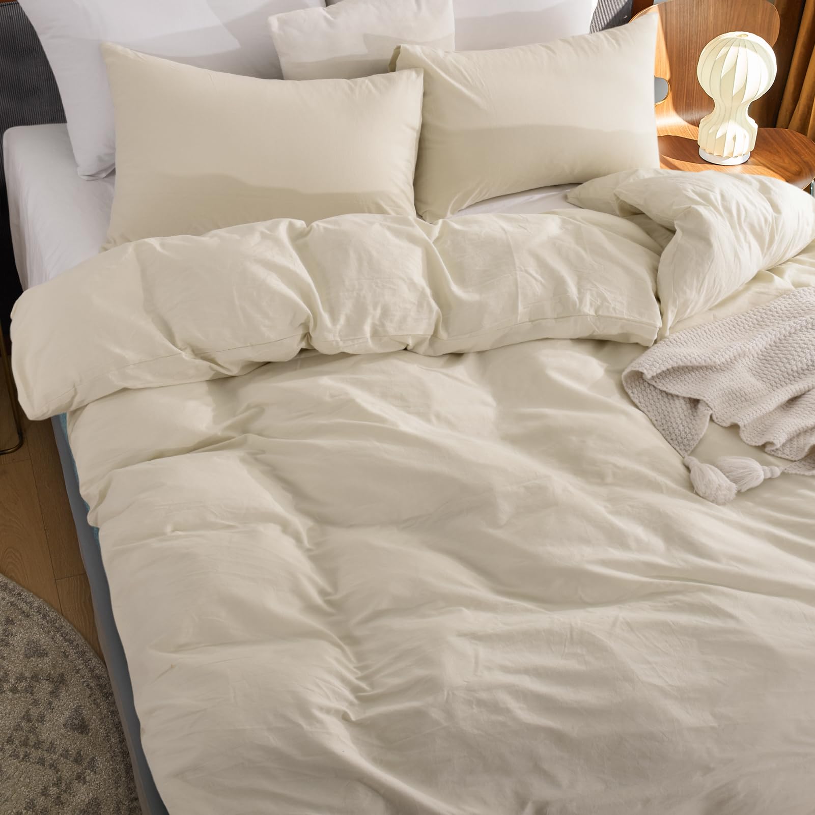 Nexhome Pro Duvet Cover Set 100% Washed Cotton Oversized King 120'X98' Linen Feel Textured Organic 3 Pieces Bedding Set With Zipper Closure And Corner Ties, Breathable(Cream Grey, No Comforter)
