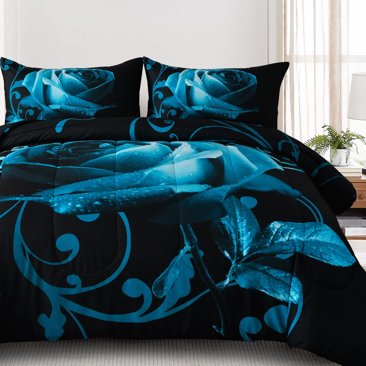 Wongs Bedding Teal Blue Comforter Set King Valentine'S Day Reversible Teal Blue Rose Pattern Printed Bedding Comforter Set With