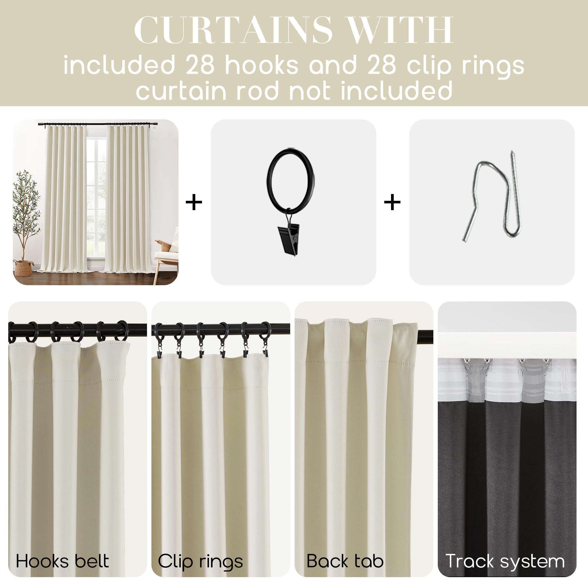 Shineland Blackout Curtains 108 Inches Long For Living Room 2 Two Panels Set Back Tab Hook Ring Clip Pleat Extra Long Darkening