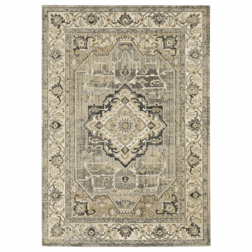 HomeRoots Polypropylene 2’ x 8’ Beige and Gray Traditional Medallion Indoor Runner Rug