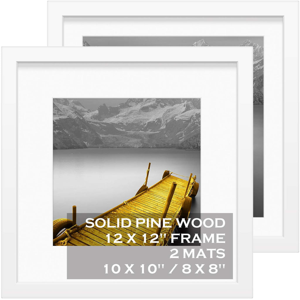 12x12 Picture Frames White Made of Solid Wood Display Pictures 10x10 or 8x8 with Mat or 12x12 without Mat - Each 12x12 Inch Squa