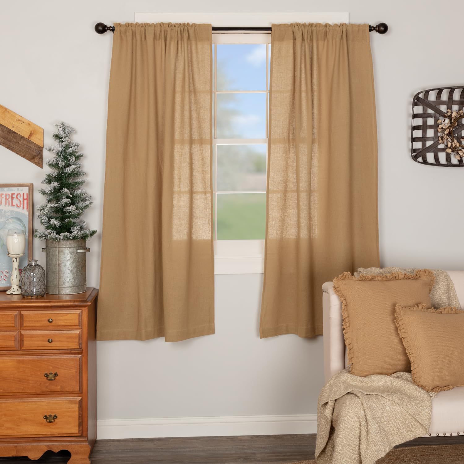 VHC Brands Burlap Solid Color Cotton Farmhouse Curtains Rod Pocket Tie Back(s) Panel Pair, Natural Tan