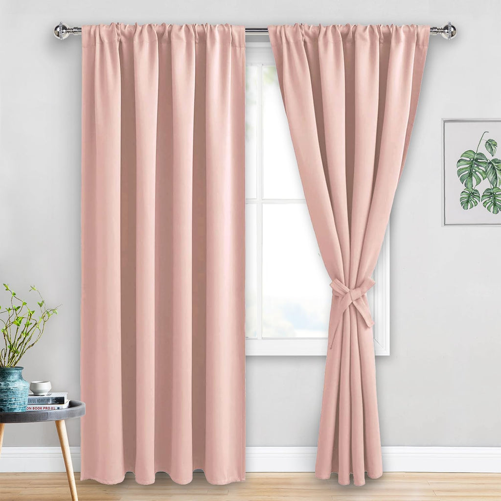 Jiuzhen Blush Pink Blackout Curtains For Bedroom - Thermal Insulated Room Darkening Rod Pocket Curtains For Living Room, Set Of 2 Panels With Tiebacks, 52 X 96 Inch Length, Blush Pink