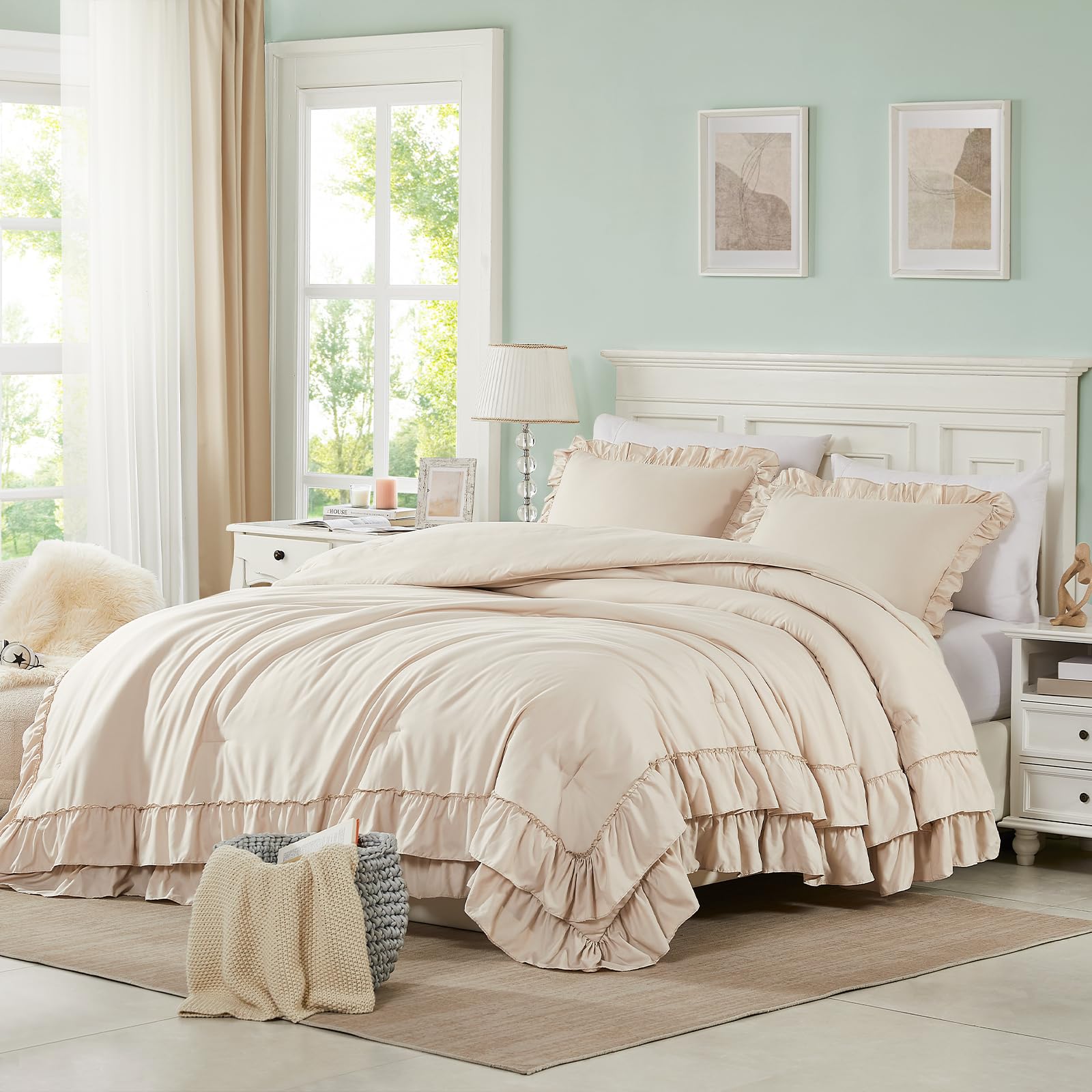 Cupocupa Beige Ruffle King Size Comforter Set, Shabby Chic Boho Bedding Comforter Sets, Fluffy Cozy Bedding Comforters & Sets Fo